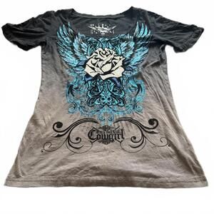 Rock And Roll Cowgirl Y2K Ombre Blue Wings Rose Graphic Tee Size Medium